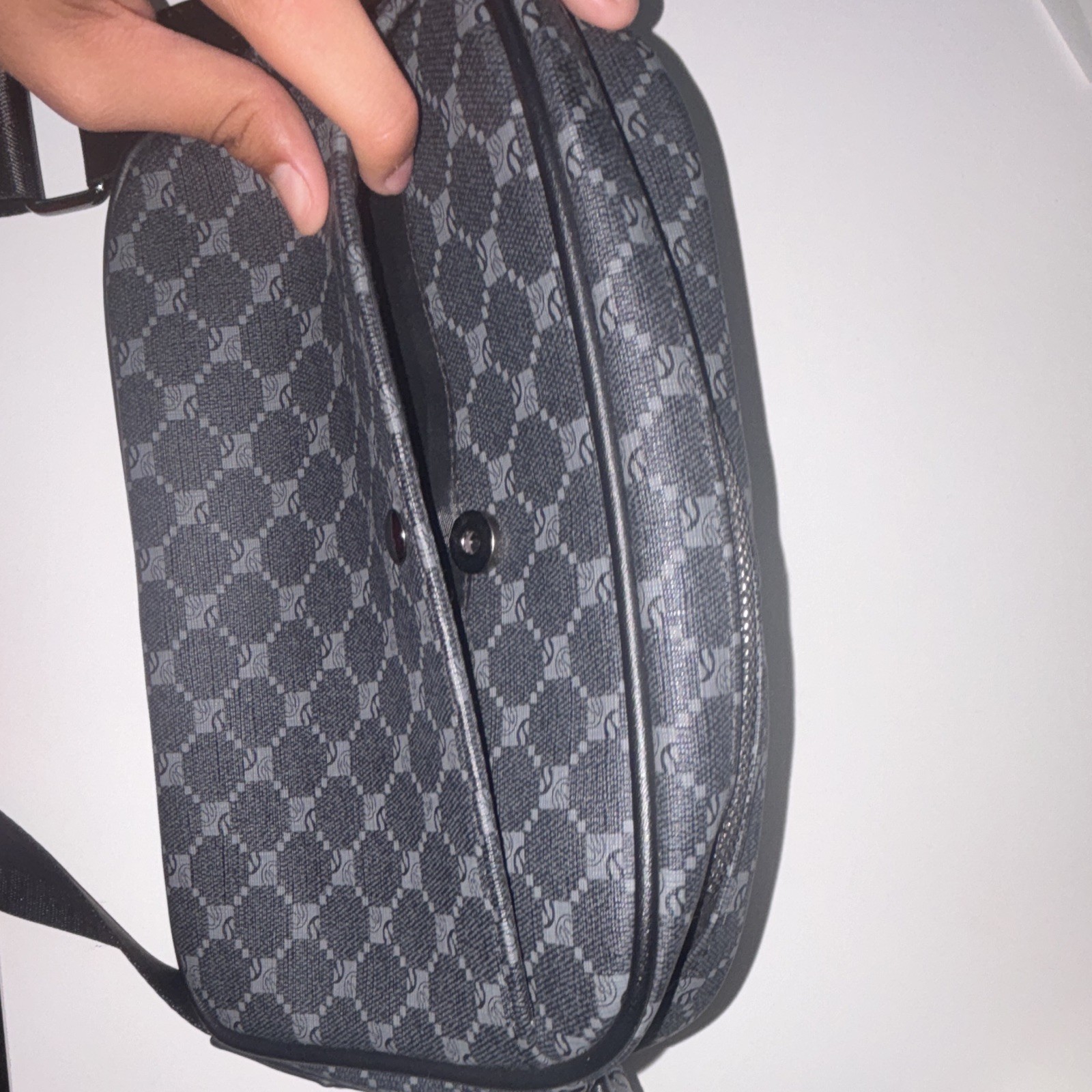 Men’s Black/Gray Checkered Crossbody Bag Small Zip Closure Adjustable Strap