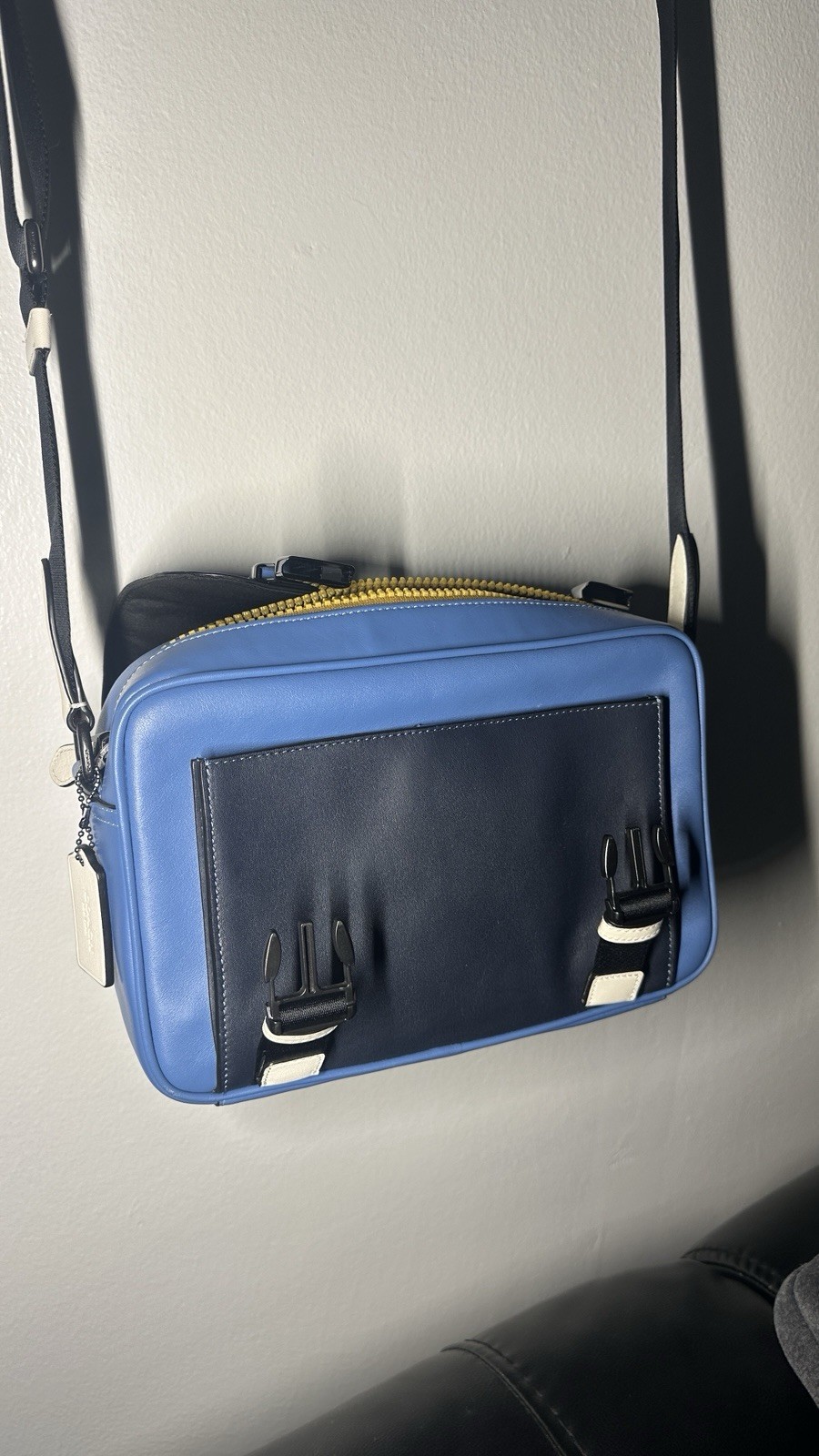 Coach Men’s Solid Blue Black White Crossbody Bag Flap Buckle Zip Adjustable