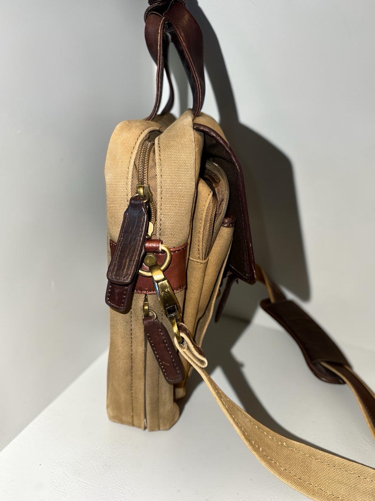 Bosca Leather & Canvas Messenger Bag Briefcase Tan & Brown Attache Laptop Work