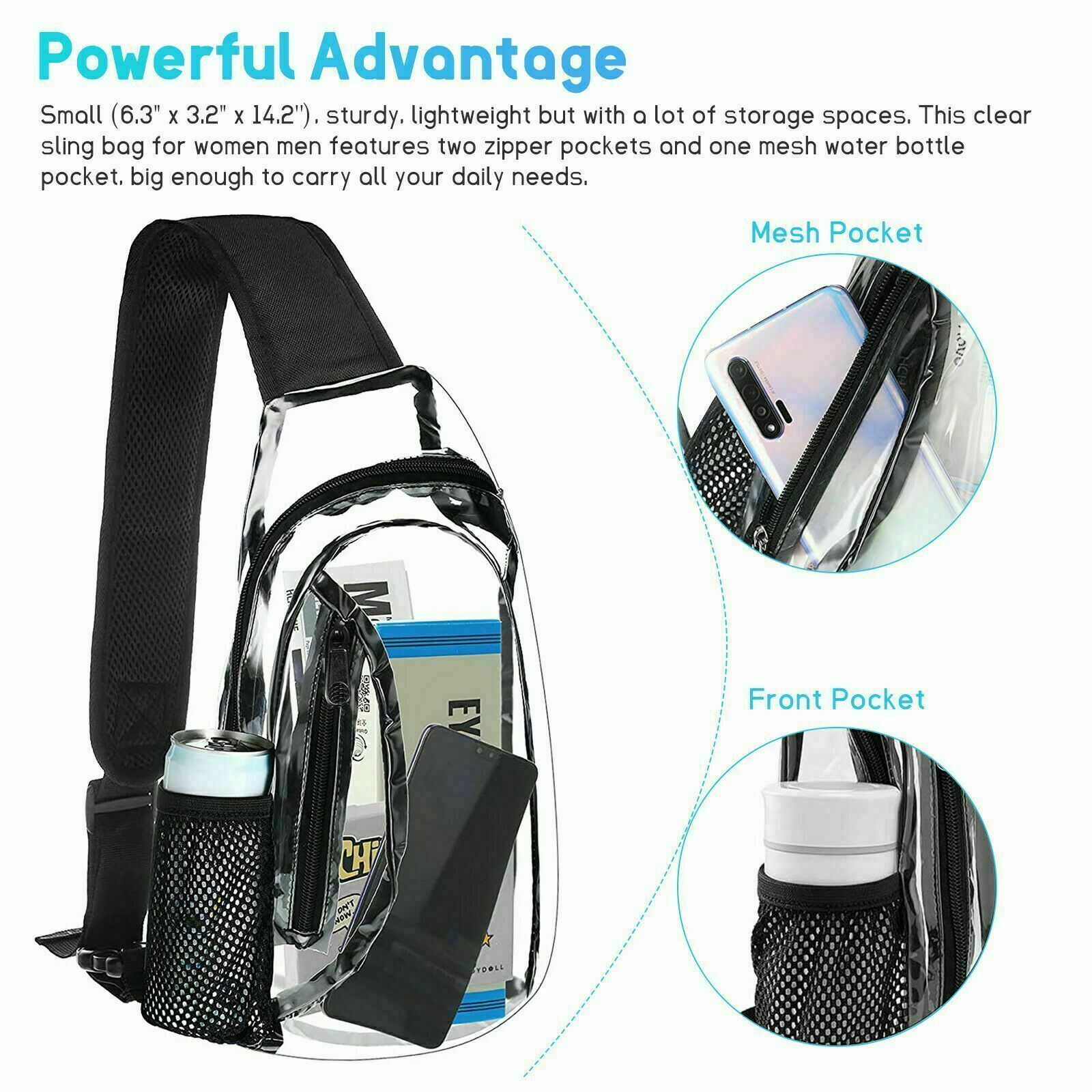 Clear PVC Stadium Approved Sling Chest Bag w/ Mesh Pocket Concert Sports Travel