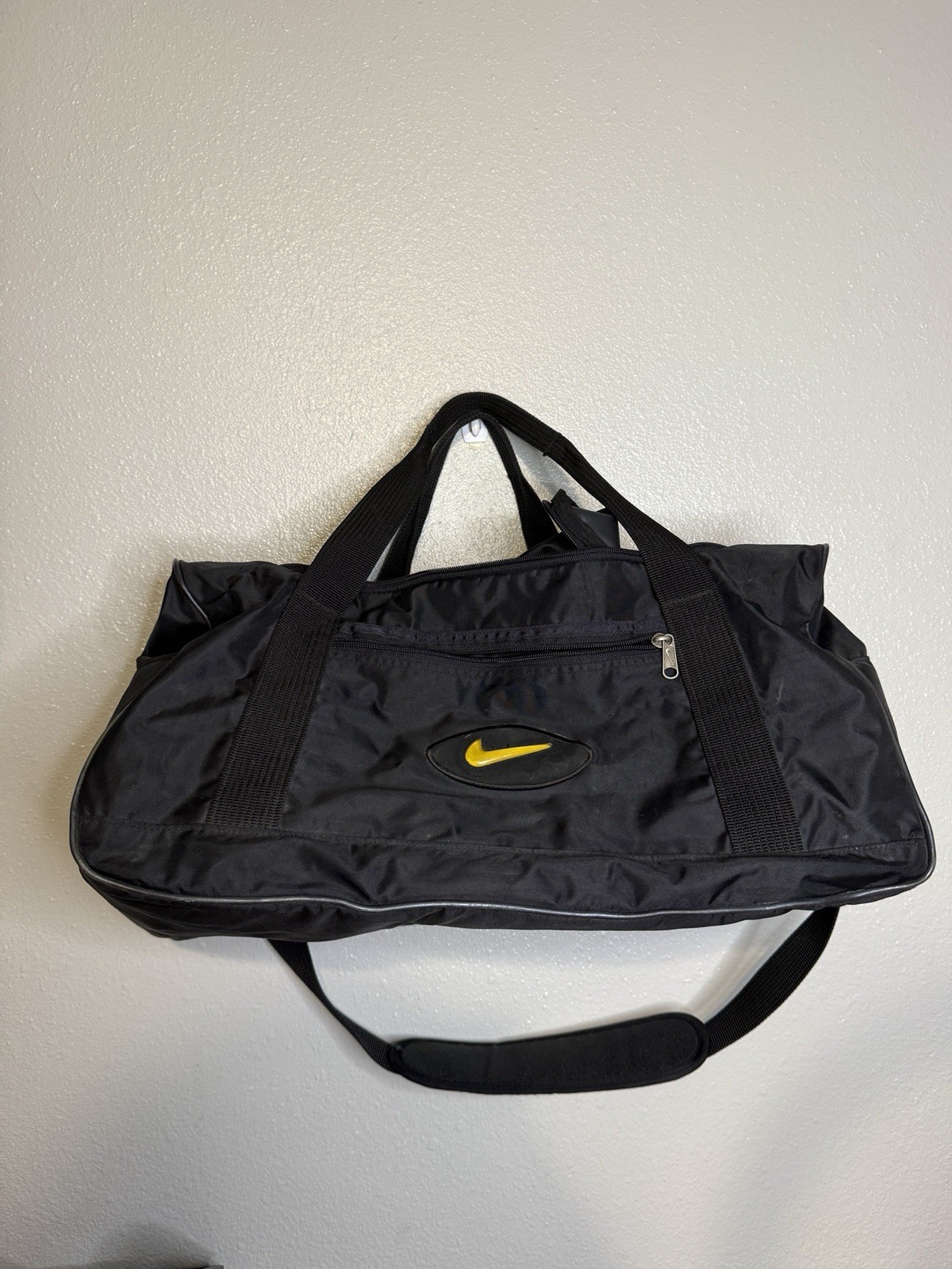 Vintage Nike Duffel Bag Black 90’s Gym Bag Sports Nylon Yellow Swoosh