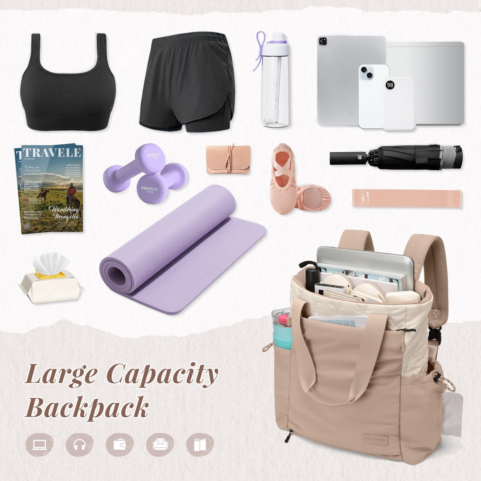 Convertible Laptop Backpack Yoga Sports Bag Quilted Tote Mat Carrier Beige