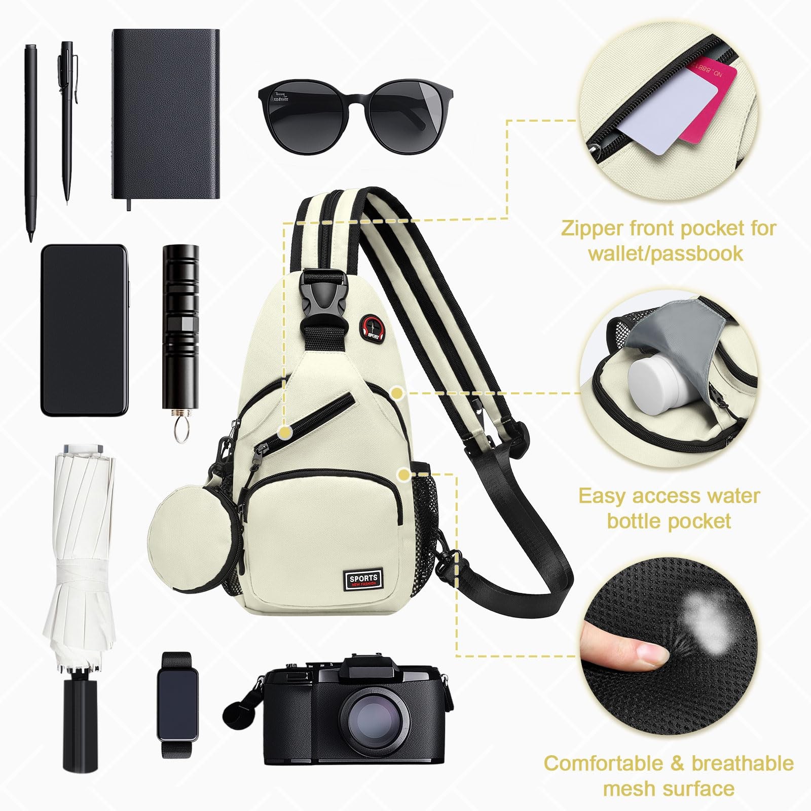 Sling Bag Fits 7.9 Inch Tablet Crossbody Mini Backpack Coin Pocket White