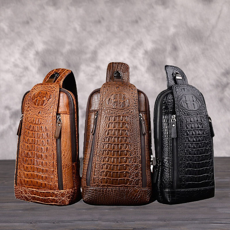 Men’s Leather Crocodile Pattern Chest Bag Sling Backpack Crossbody Travel Bag