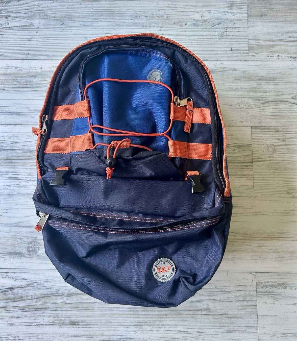 Vintage GAP Technical Backpack Blue Orange Bungee Cord Gorpcore Hiking Bookbag