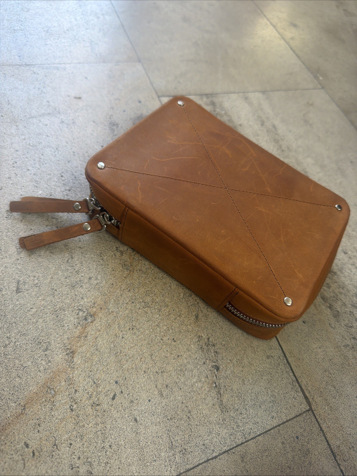 Hidemont Tech Organizer Full-Grain Leather Brown Zip Pouch Carry Case MSRP$75