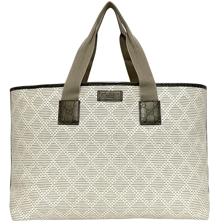 Pre-owned Gucci tote bag in white, beige, metallic khaki, and shimmering PVC