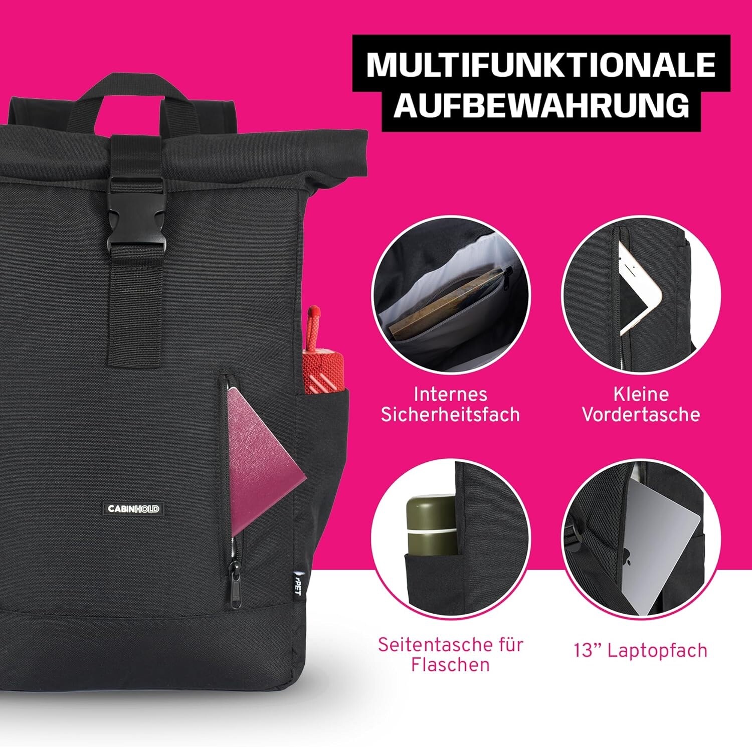 Cabin Bag 40x25x15cm Roll Top Backpack for Ryanair, Wizzair, EasyJet AMS RPET