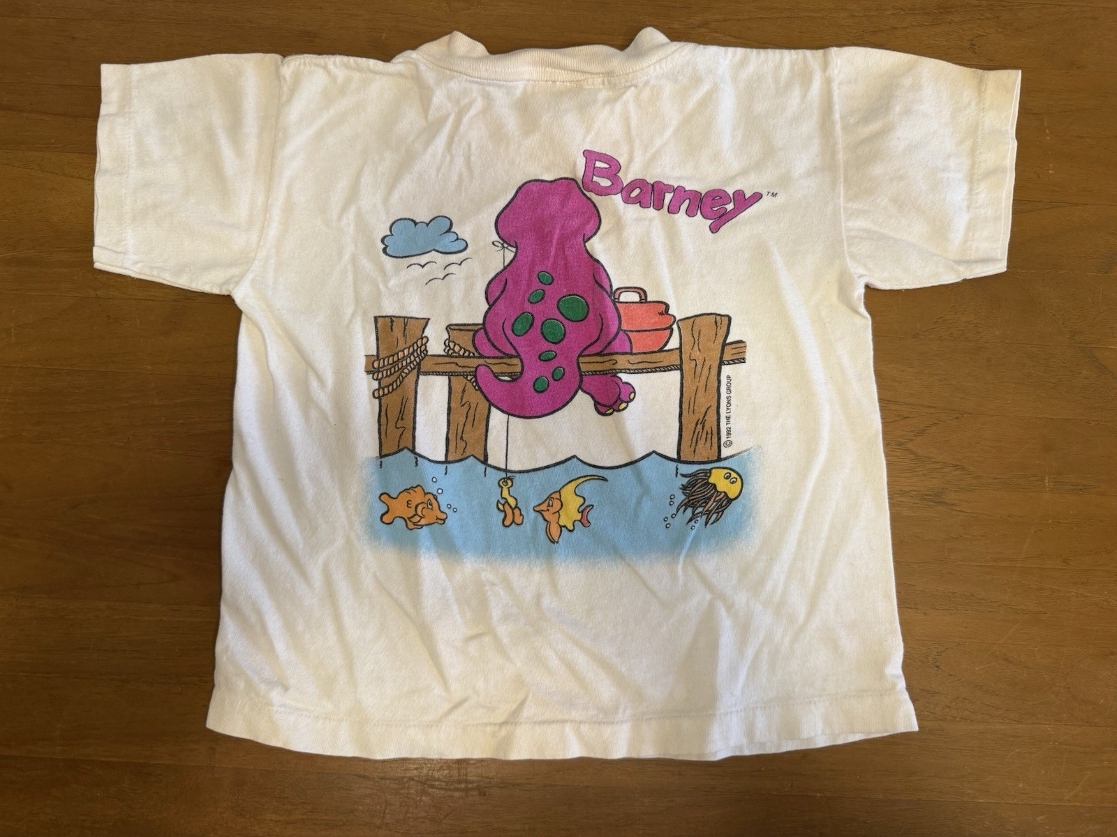 Barney Fishing Double Sided Single Stitch 1992 T-Shirt Kids Youth Size 5-6