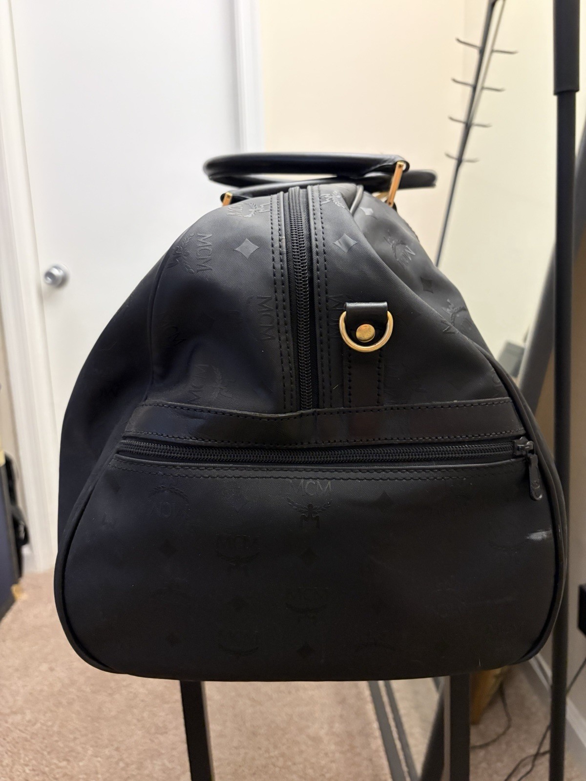 Vintage MCM Germany Visetos Black Leather Coated Large Duffle Boston Travel Bag