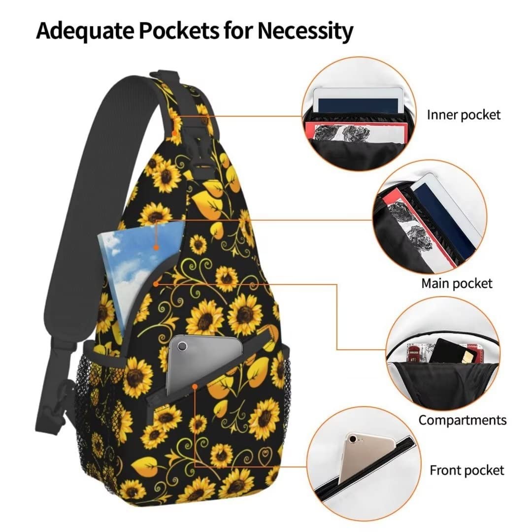 Sunflower Sling Bag, Black, Yellow Flowers, Adjustable Crossbody, Men Women