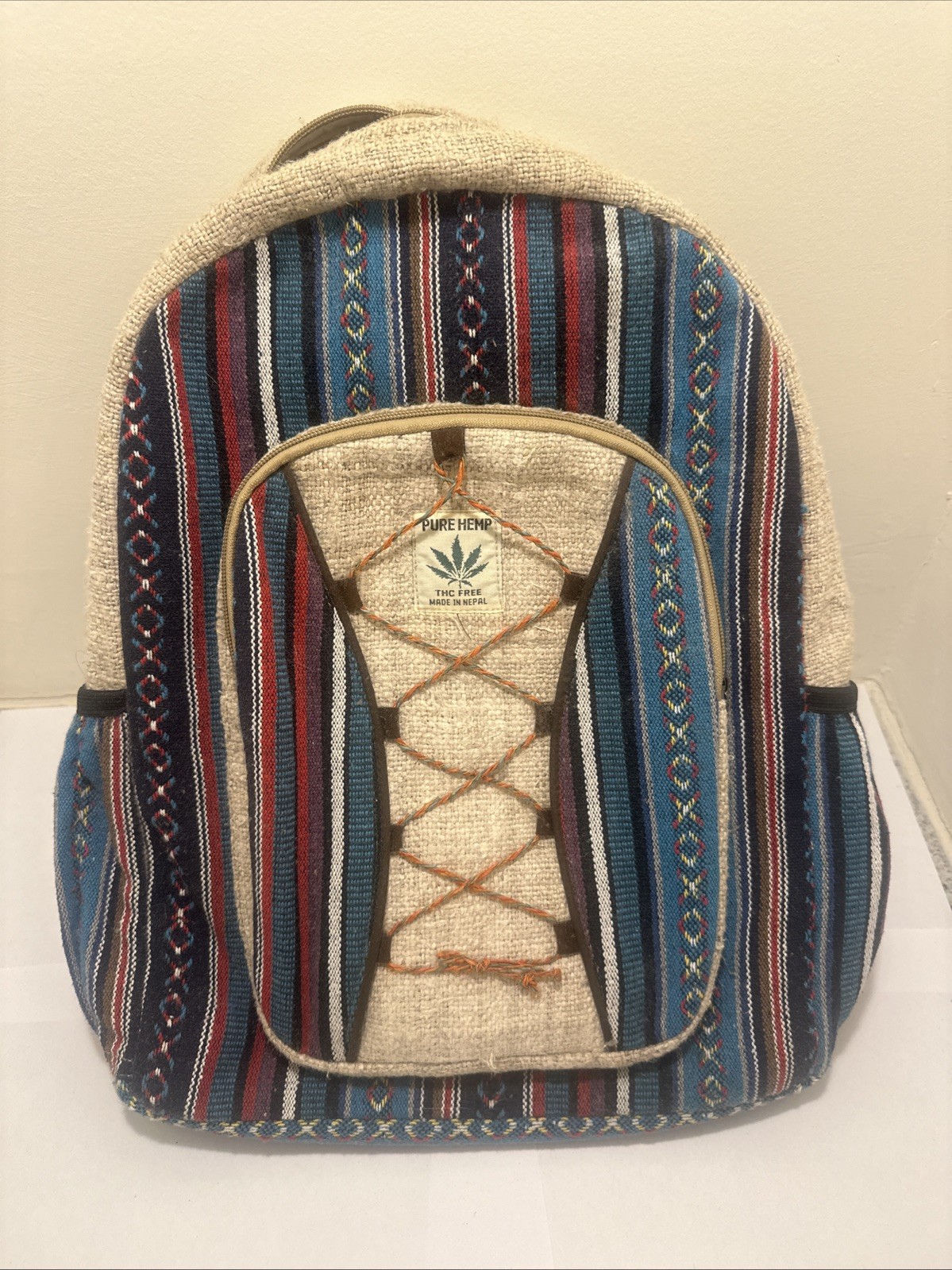 PURE HEMP THC FREE MULTICOLOR WOVEN TRAVEL BACKPACK BAG WITH POCKETS