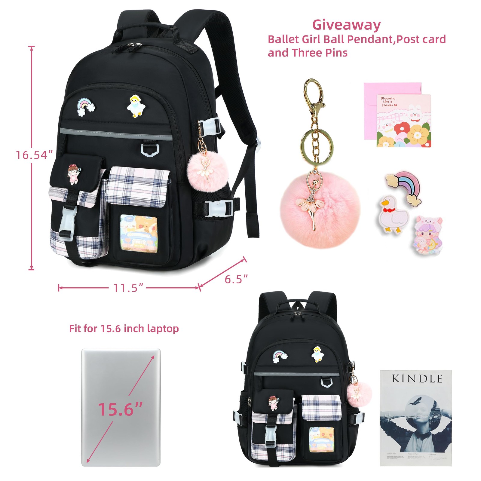 Black Backpack Girls 15.6 Inch Laptop School Bag Kindergarten Elementary