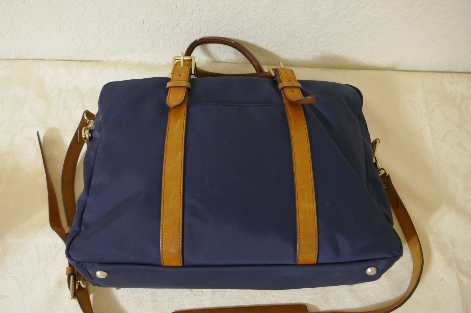 STUART O LAU The Cary Blue Nylon Briefcase Tan Leather Trim Red Interior