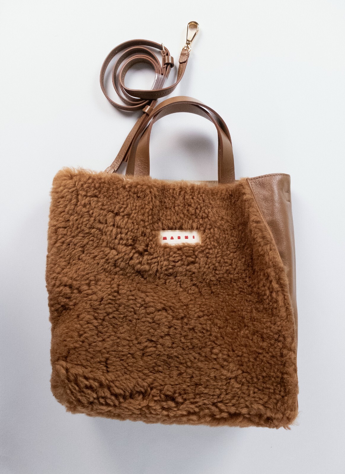 (NO CUSTOMS TAX) MARNI Museo Small brown shearling & soft leather shoulder bag