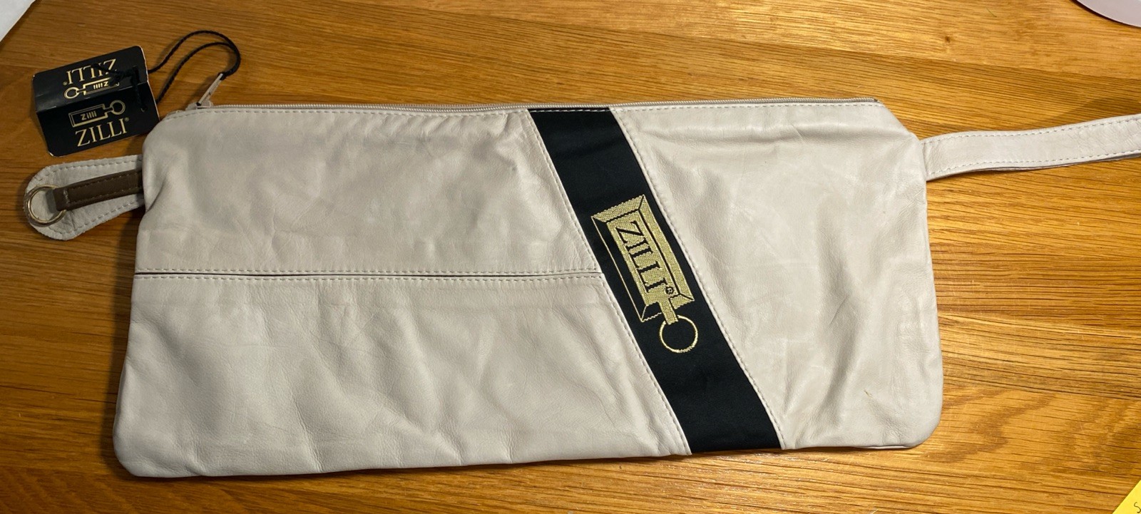 ZILLI LEATHER Zippered POUCH / BAG with gold Zilli logo, 12.5 inches long