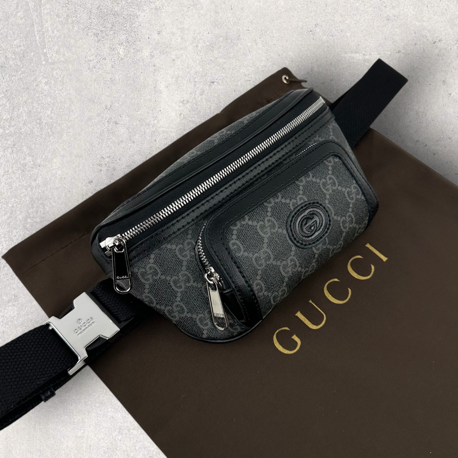 Gucci GG Monogram Interlocking G Canvas Leather Crossbody Belt Bag Black 682933
