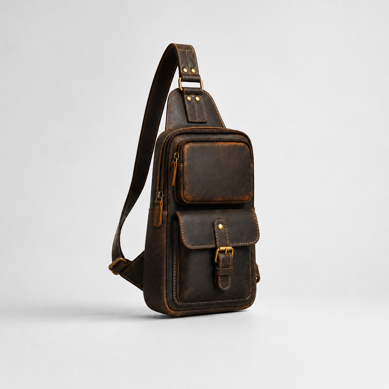 Personalized Brown Leather Shoulder Pack Mens Vintage Travel Chest Day Bag