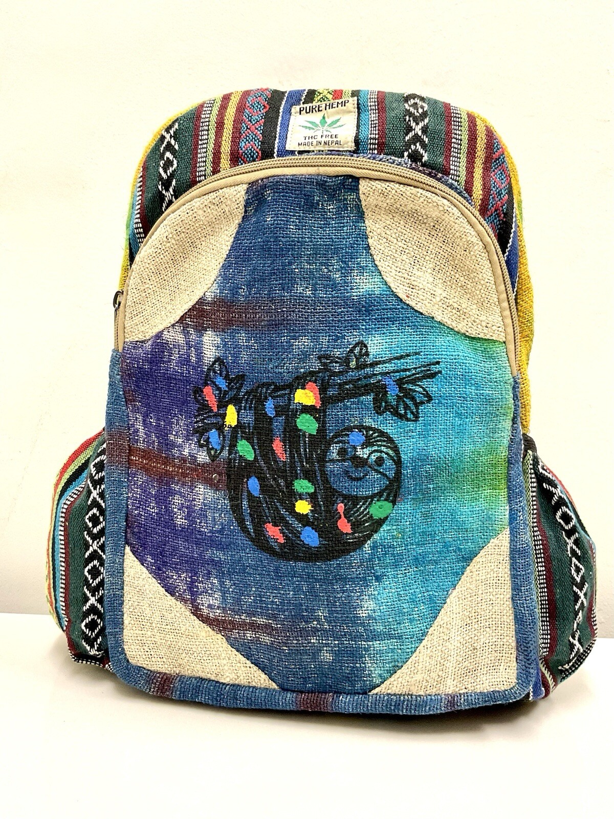 Handmade Hemp Backpack (Sloth) With Laptop Pocket Nepal Fair Trade Hiking Boho