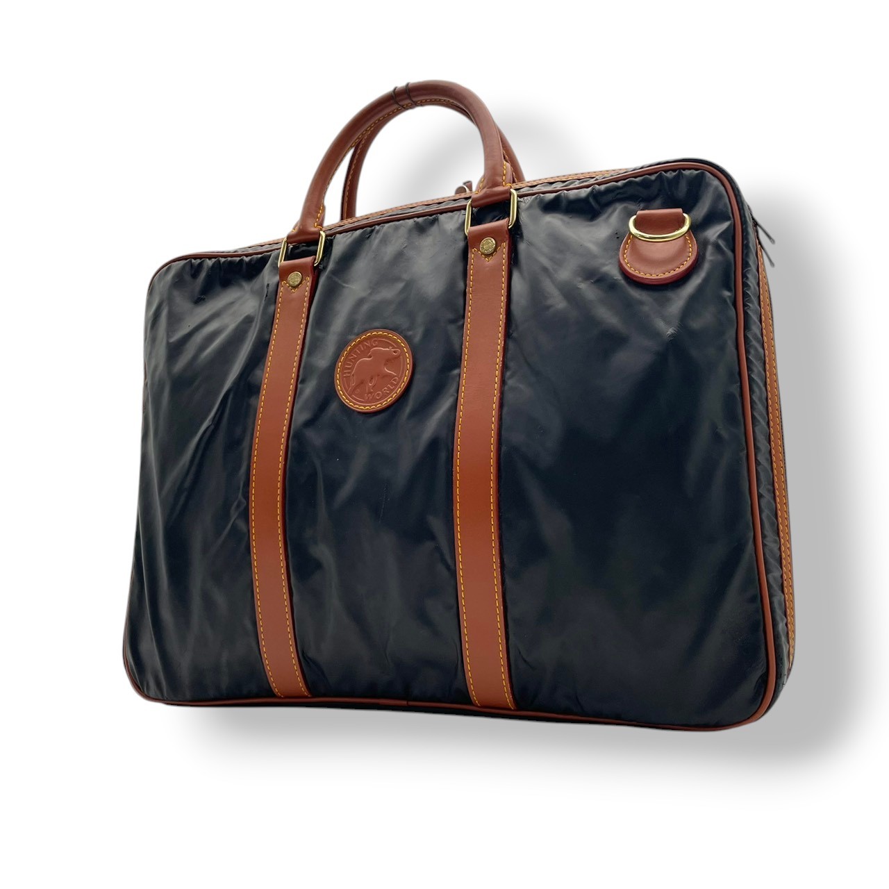 Authentic HUNTING WORLD PVC Leather Business Bag Briefcase Black Brown Vintage