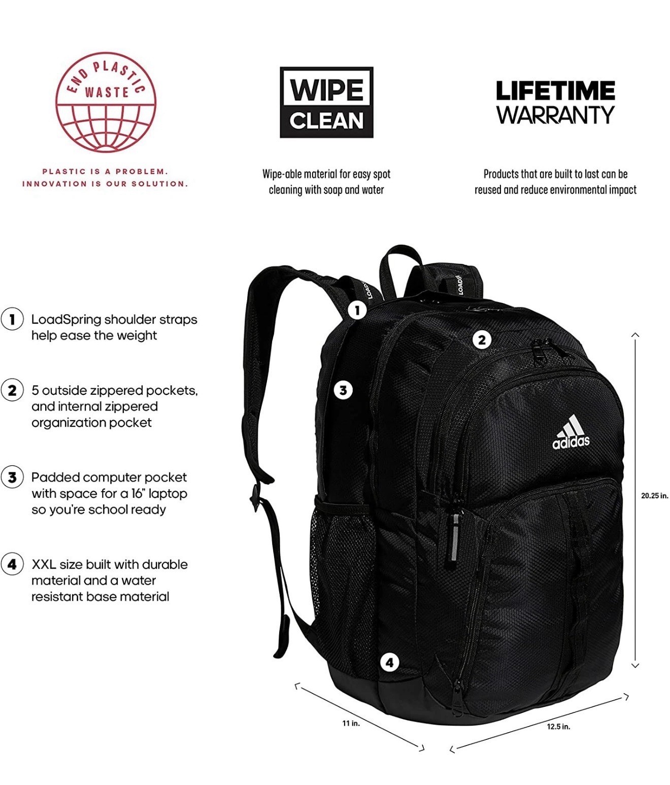 adidas Prime 6 Backpack Black 16” Laptop School Travel Bookbag NWT