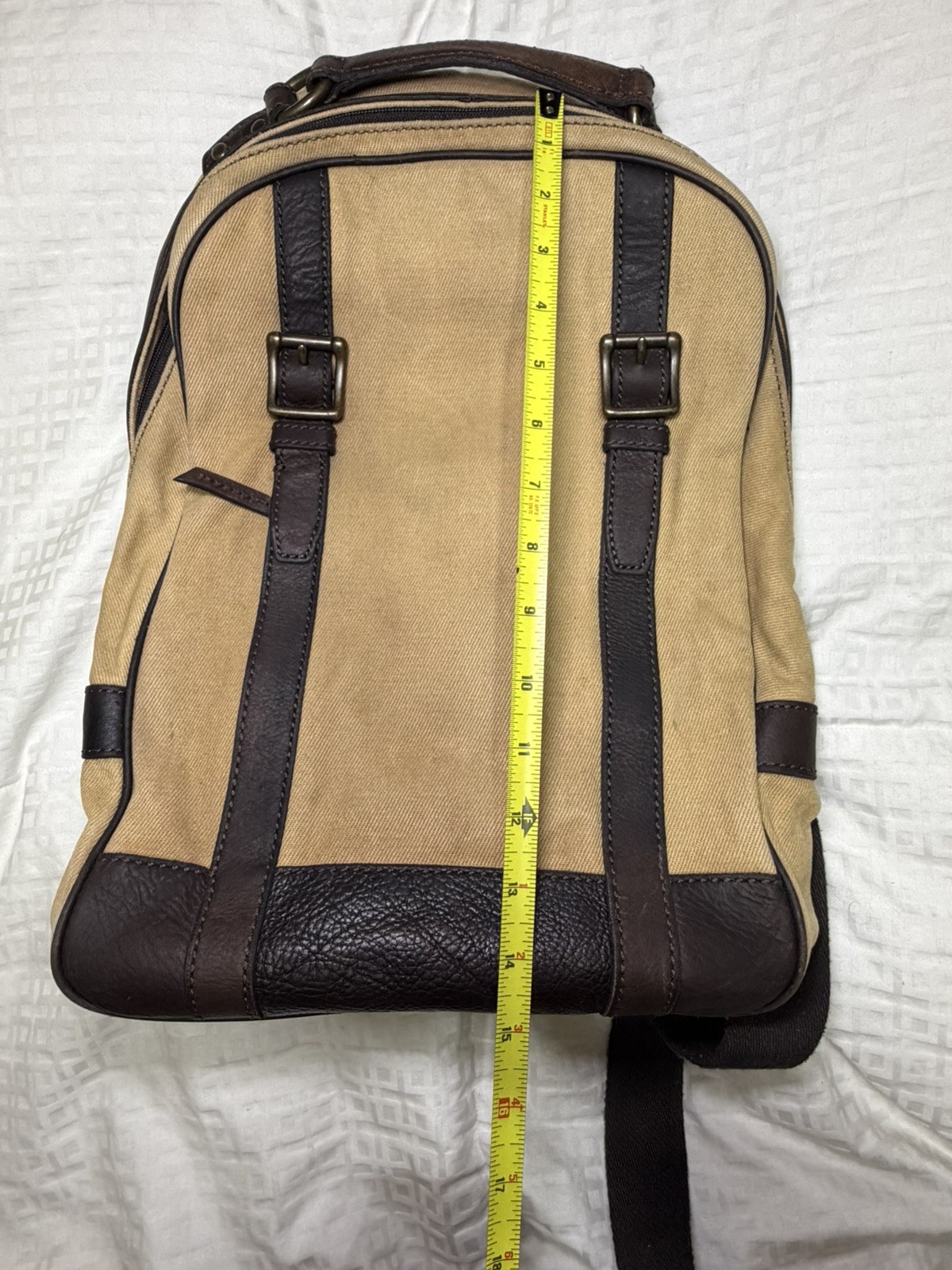 FOSSIL Estate Backpack Rugged Canvas Brown Leather Trim Padded Zip