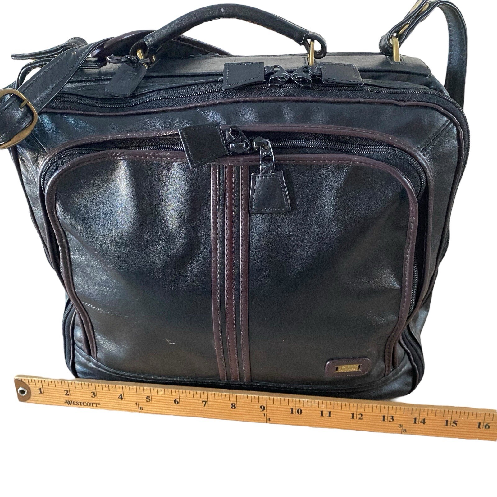 Land VTG Leather Bag Black Travel Business Carry On Shoulder Strap Zip Around