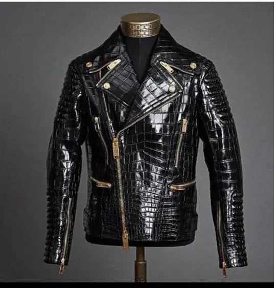 Men’s Black Croc Pattern Leather Biker Jacket Moto Racing Style