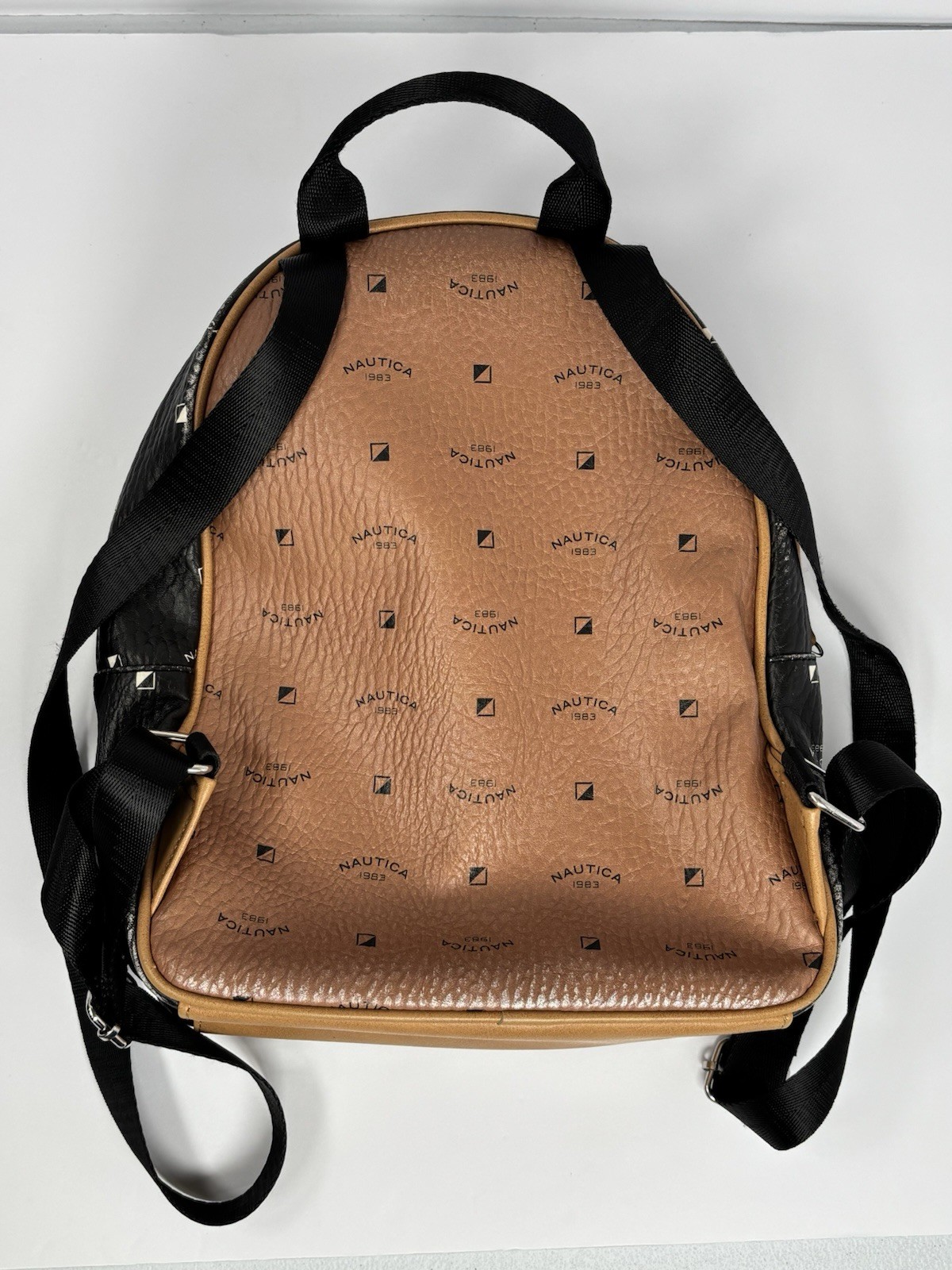 Nautica Medium Logo Print Backpack Brown Black White Zip, Pockets
