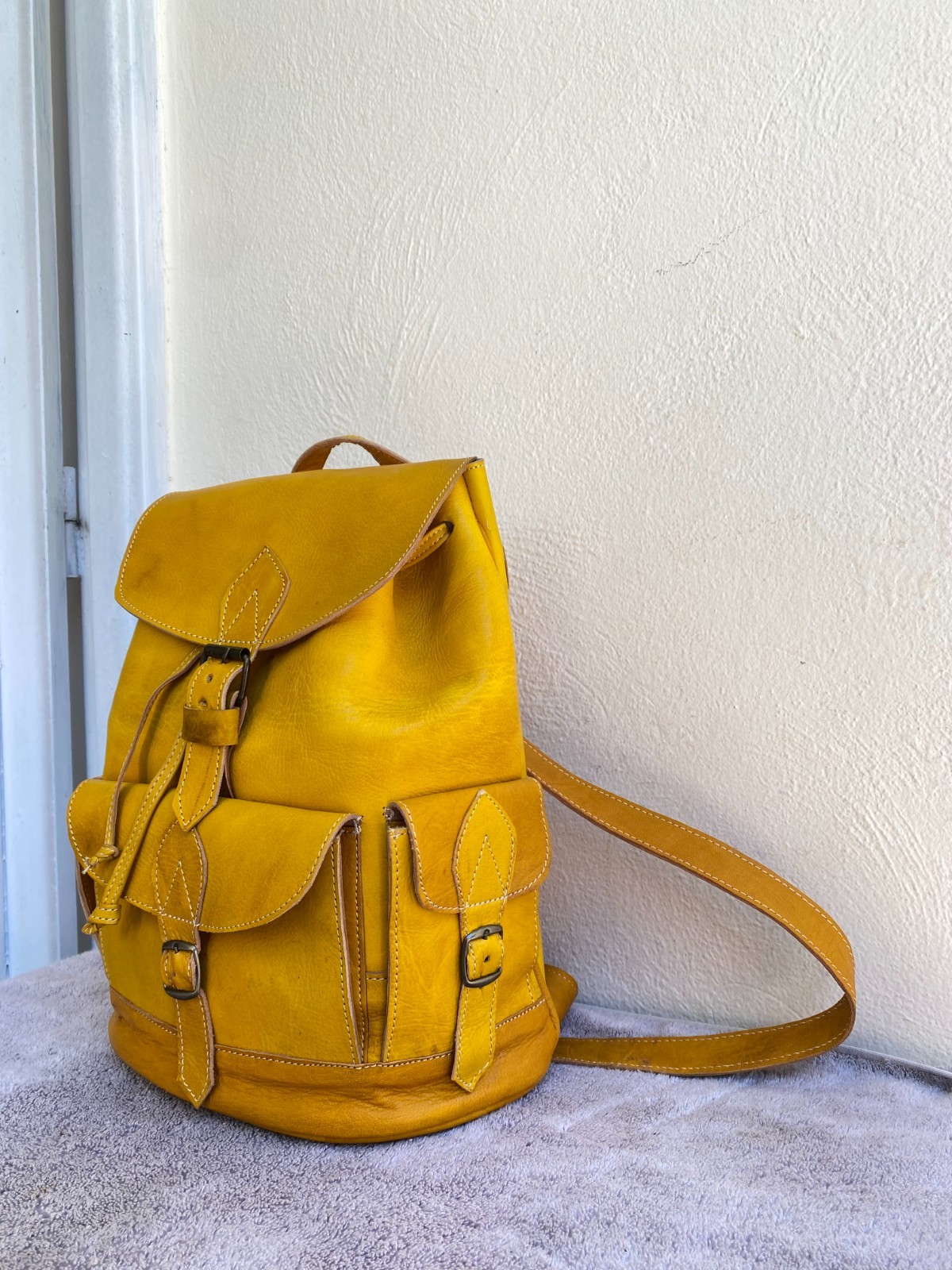 Yellow Leather Backpack Handmade Morocco Belt Buckle Front Back Pocket
