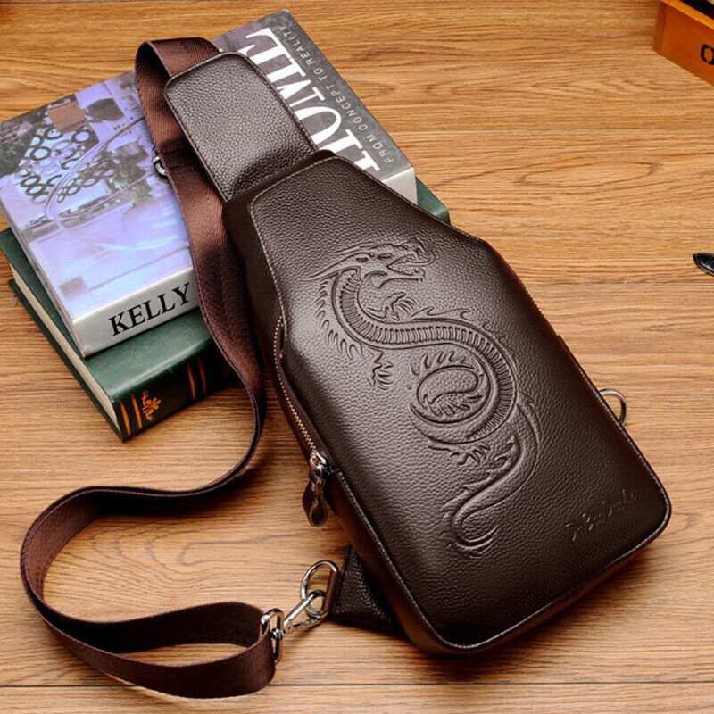 Men’s Sling Backpack Genuine Leather Crossbody Bag Shoulder Bag Dragon Embossing