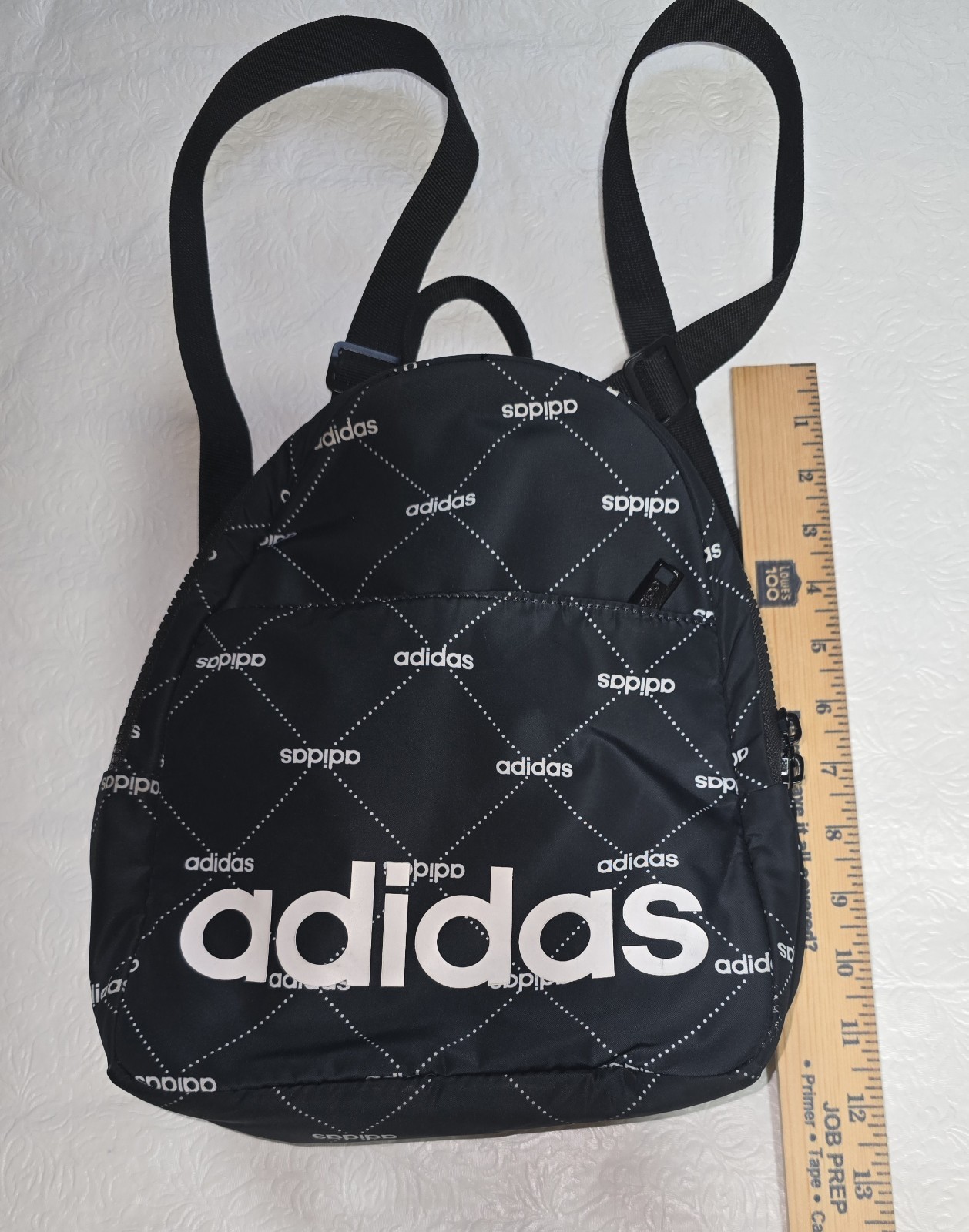 adidas Mini Backpack Black/White Allover Logo Print Zip Closure Inner Pockets