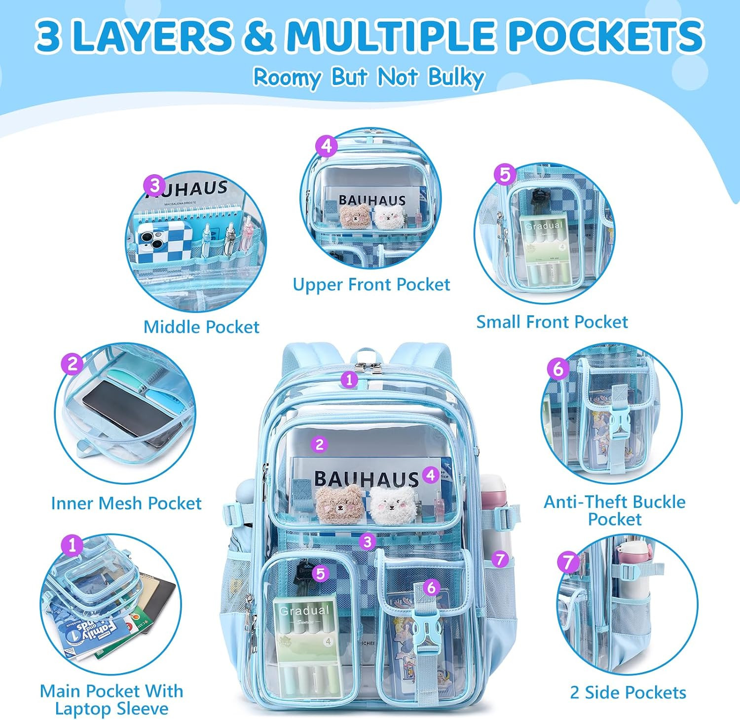 Clear Backpack for School, Heavy Duty Transparent Bookbag, See through Backpacks