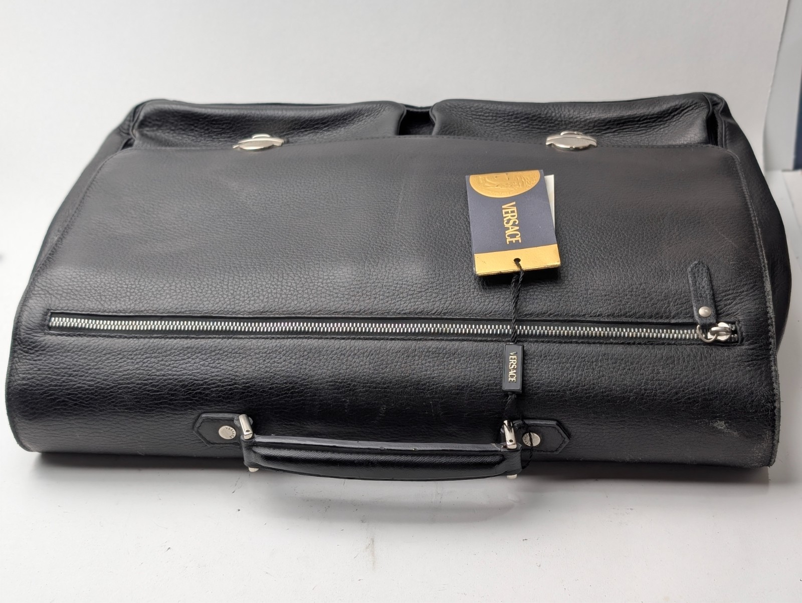 Authentic Versace Black Leather Briefcase Portfolio Business Document Bag NWT