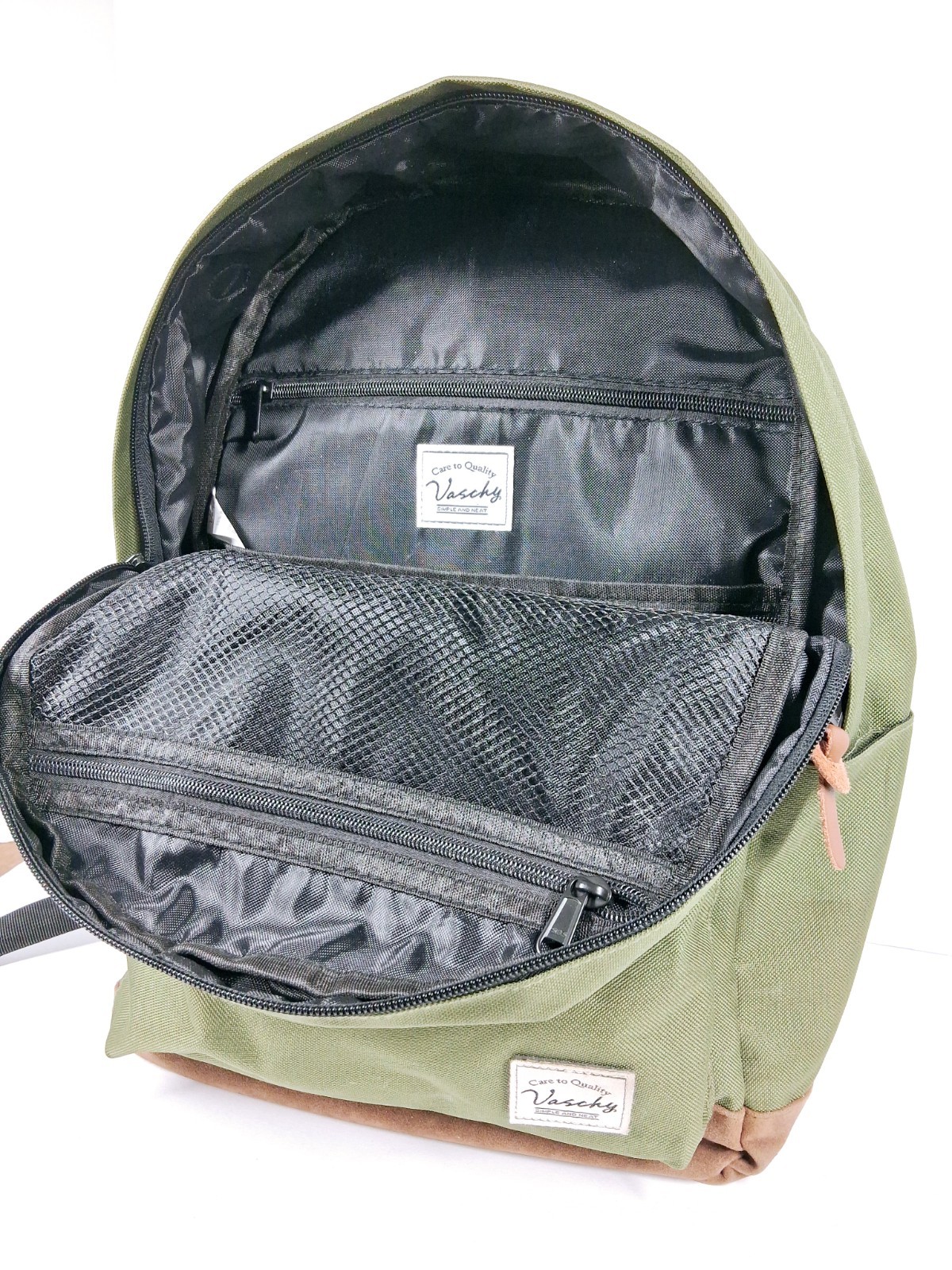 Vaschy Green & Brown Backpack Zip Adjustable Strap Pockets Travel Good Pre-owned