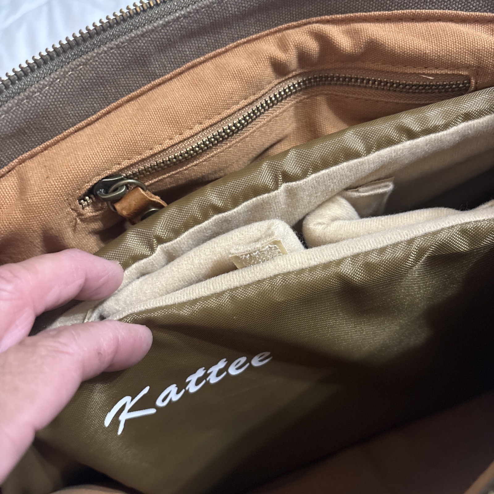 Kattee Canvas Messenger Bag Brown Leather Straps Snap Buckle Zip Adjustable Flap