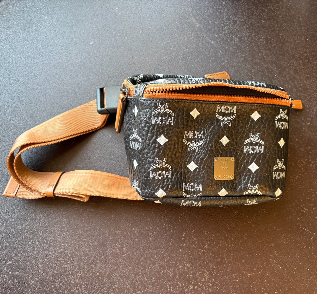 MCM Visetos 3 Pocket Belt Bag Black Cognac Sling Waist Pack Crossbody