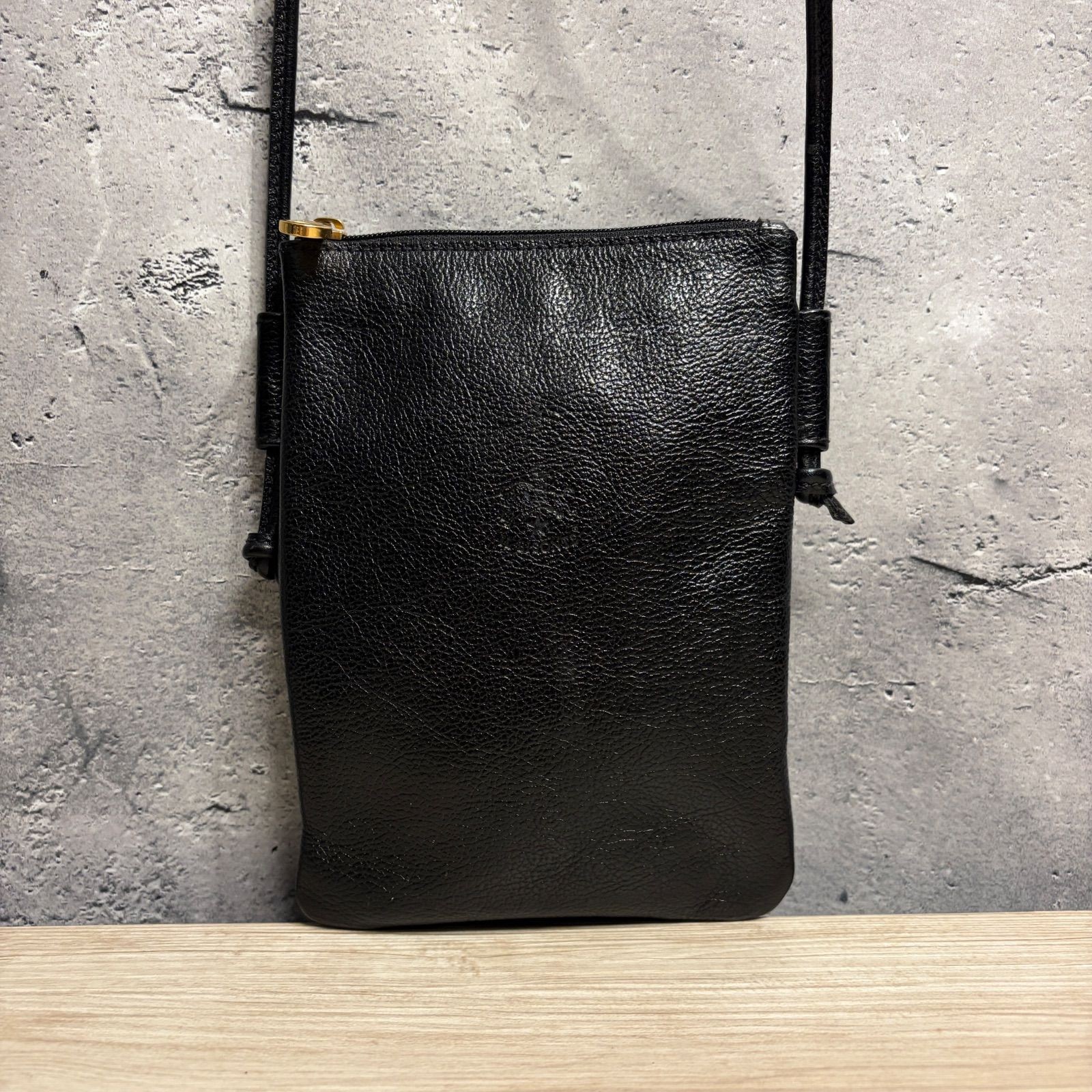 IL BISONTE Leather Mini Shoulder Bag Black Genuine Sacoche Pochette 18×13cm