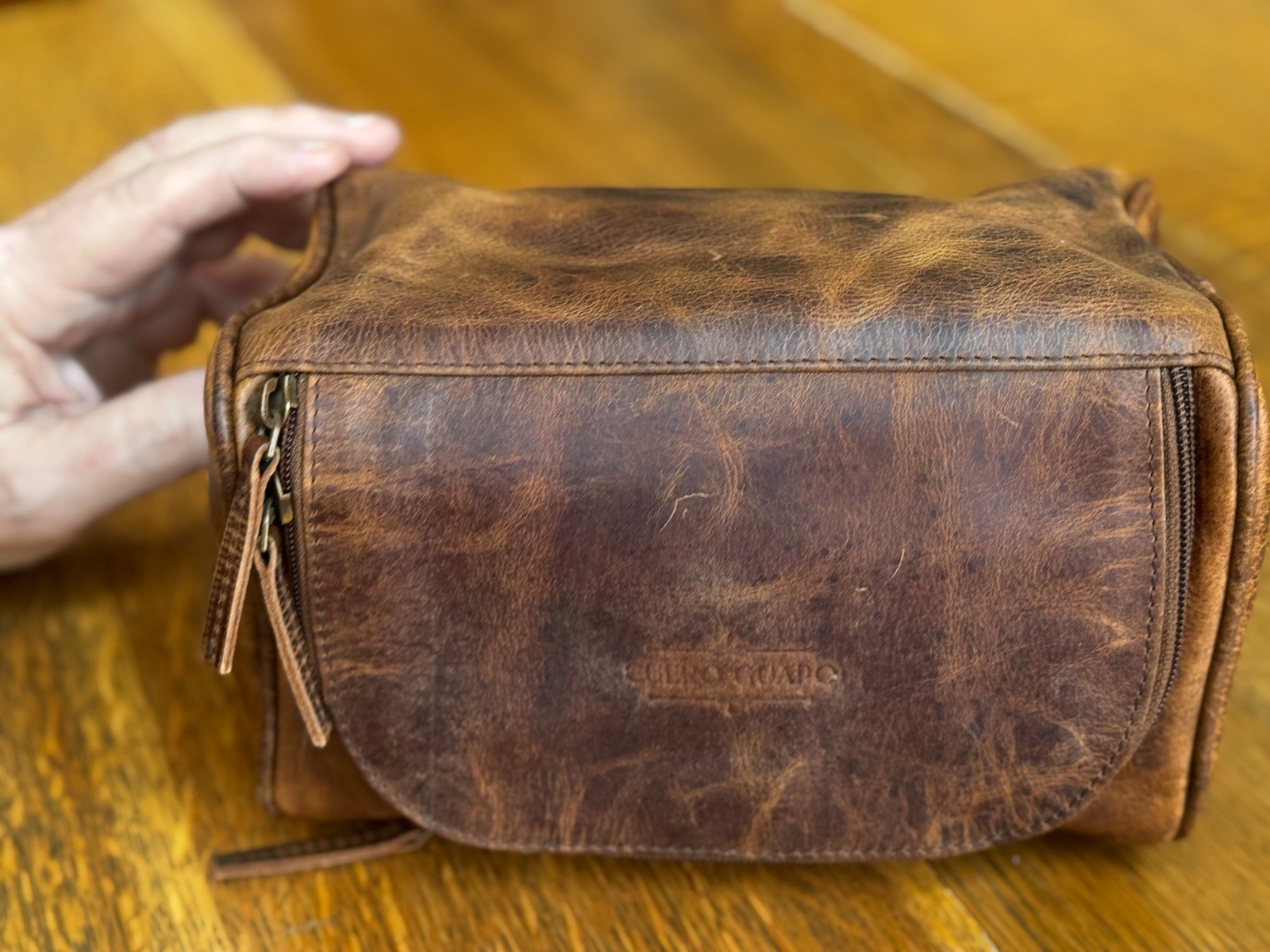 Medium size Grain Leather Dopp Kit Shaving Toiletry Travel Bag Brown