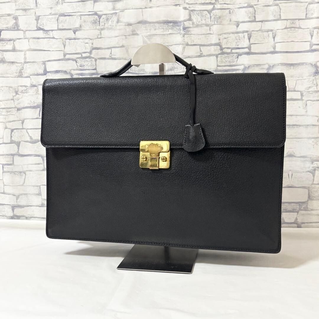 Valextra Leather Briefcase Business Bag Black Flap Lock A4 Italy Authentic