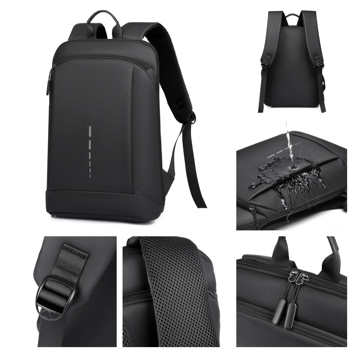 Mens Waterproof Backpack Slim 15.6 Laptop Bag Lightweight Business Travel Black