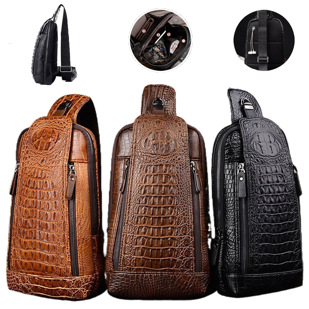 Men’s Leather Crocodile Pattern Chest Bag Sling Backpack Crossbody Travel Bag