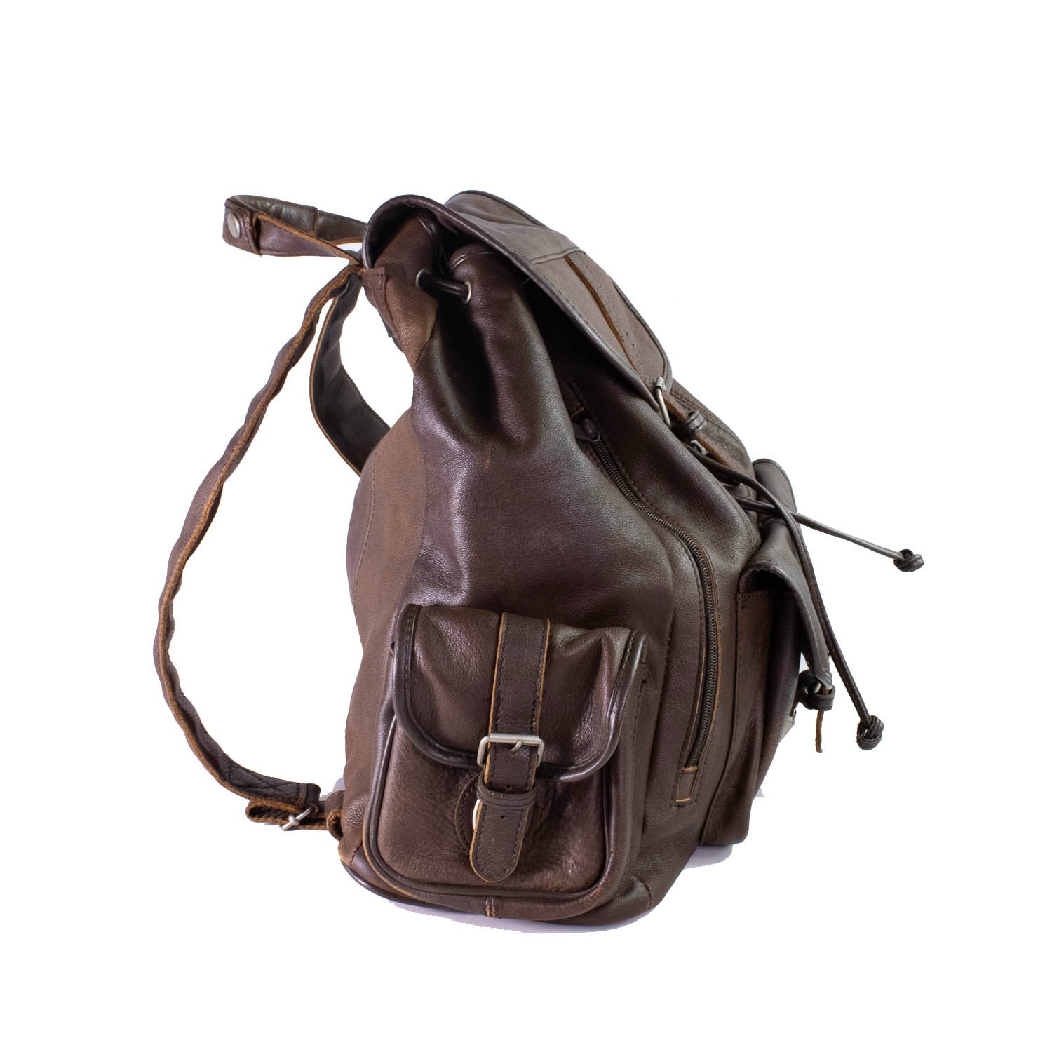 Genuine Cowhide Leather Backpack Brown Drawstring Rucksack Multi Pocket