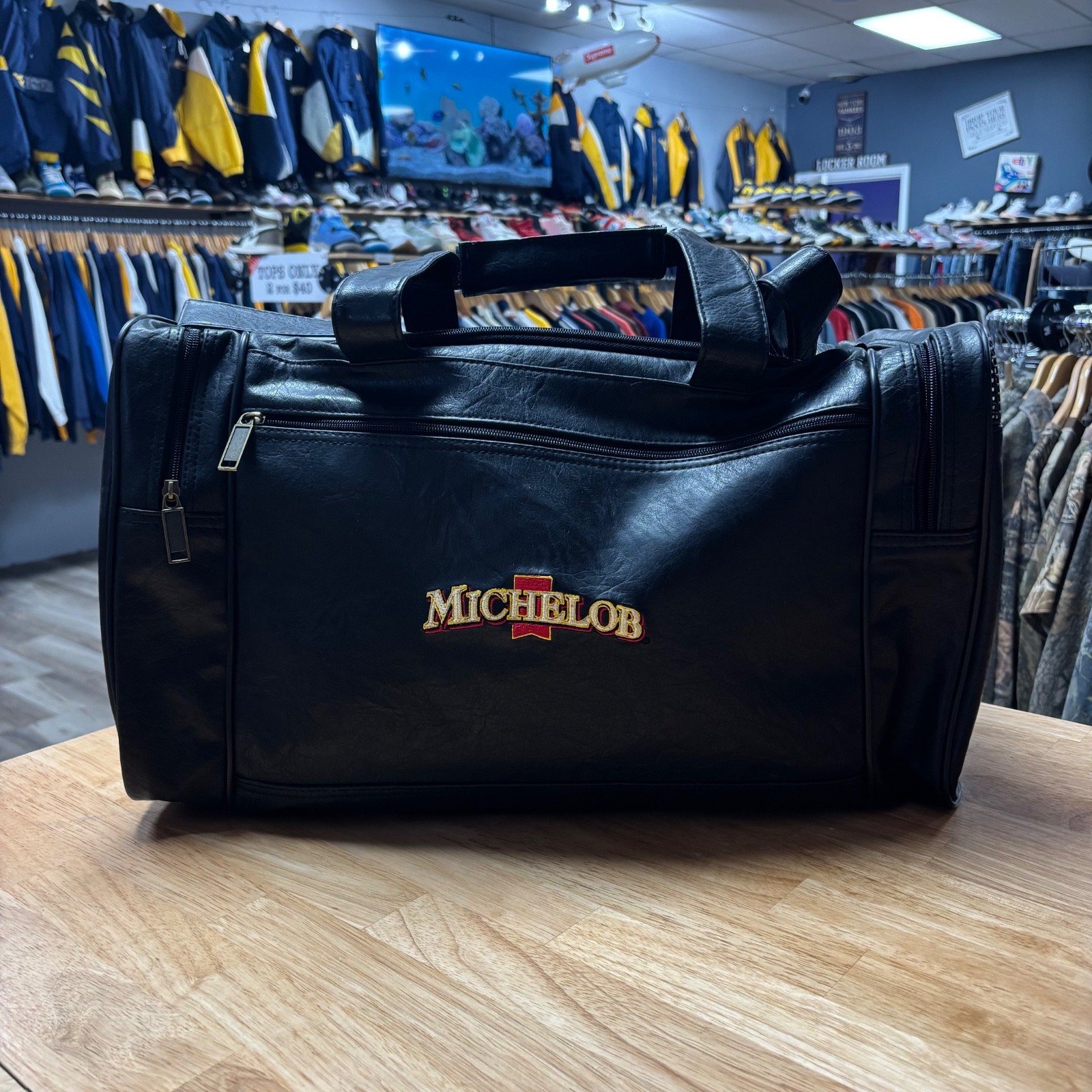Vintage Michelob Black Leather Gym Duffle Bag Zip Nylon Inner Side Pocket
