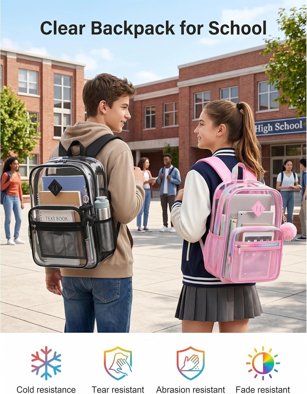 Clear Backpack for School, 16.5 Inch Large Heavy Duty Transparent Backpacks Stad
