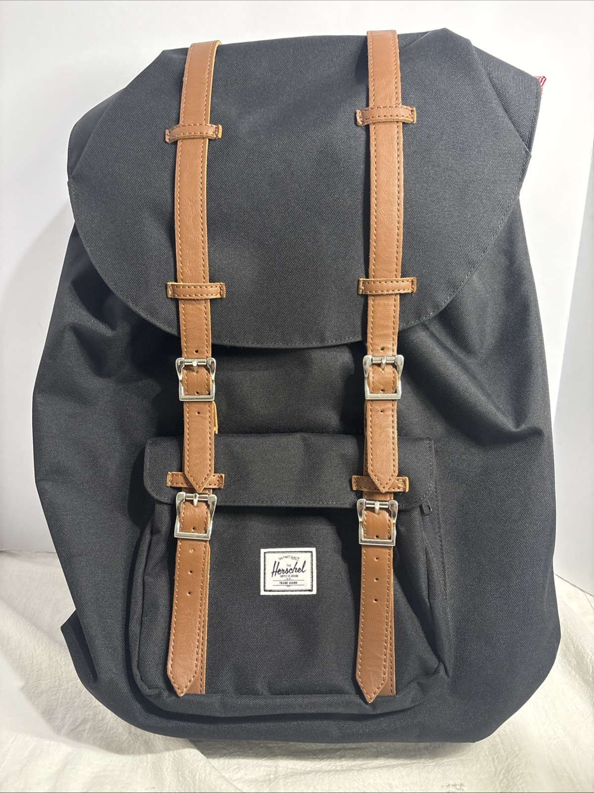 Herschel Little America Backpack Black Brown Leather Straps Laptop Red/white In