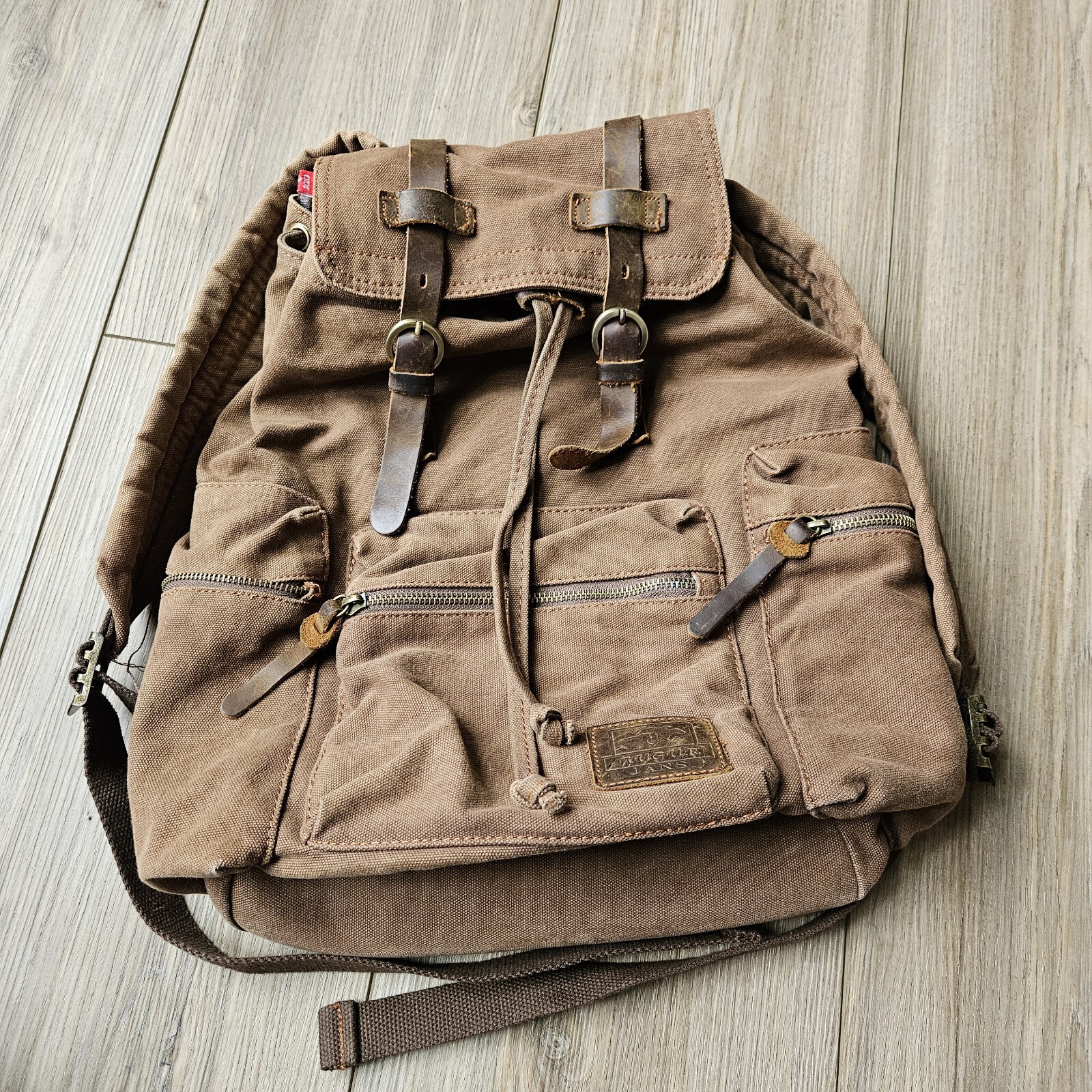Augur Strauss & Co Brown Canvas Leather Strap Backpack Laptop