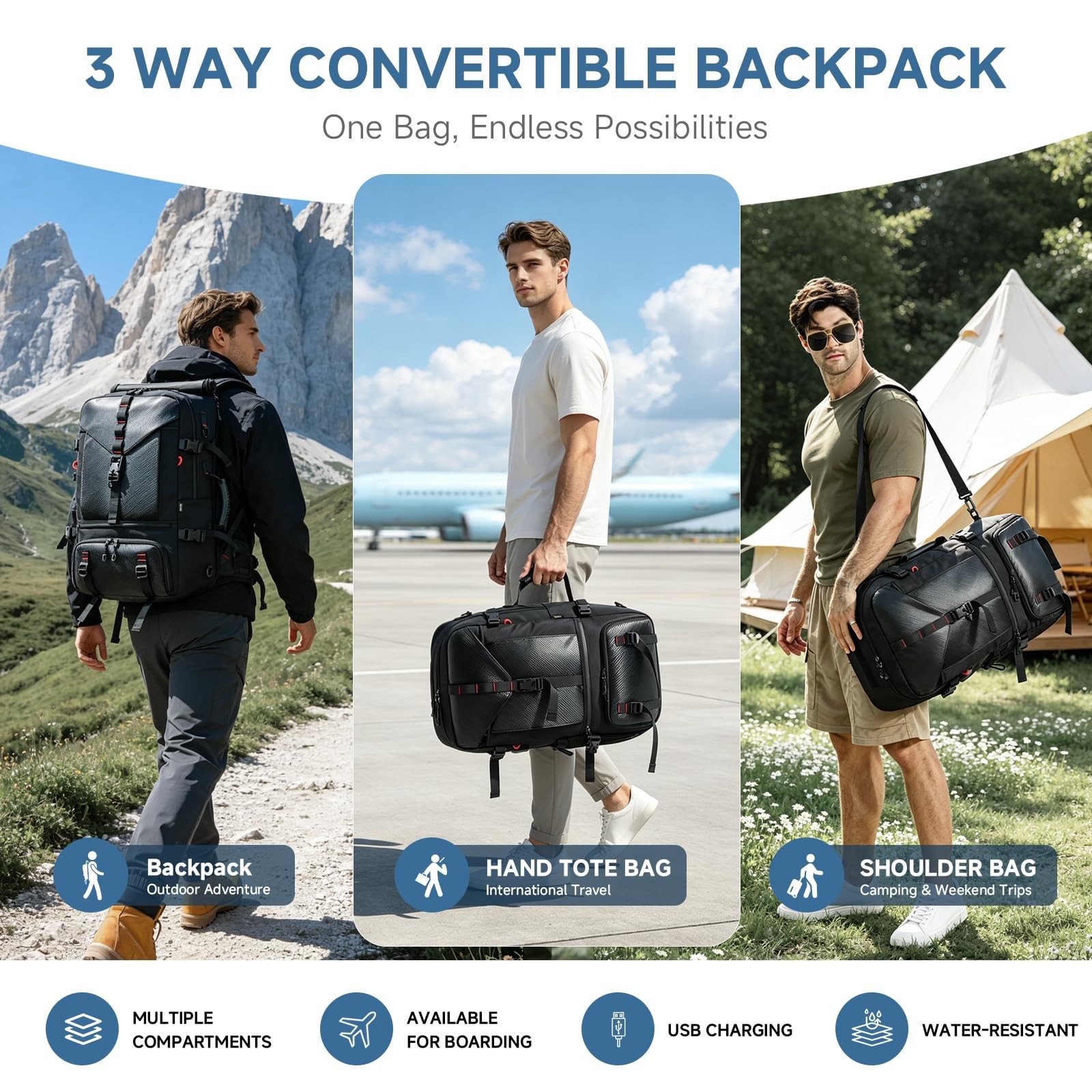 Carry-on Travel Backpack for Men, Airline Approved Convertible Duffle Backpac…