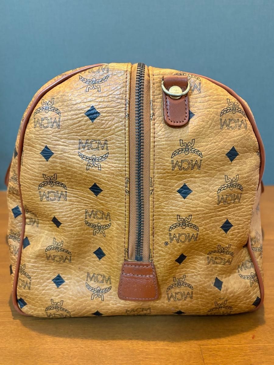 MCM Authentic Visetos Leather Handbag Brown Boston Bag Gold Logo Double Handle