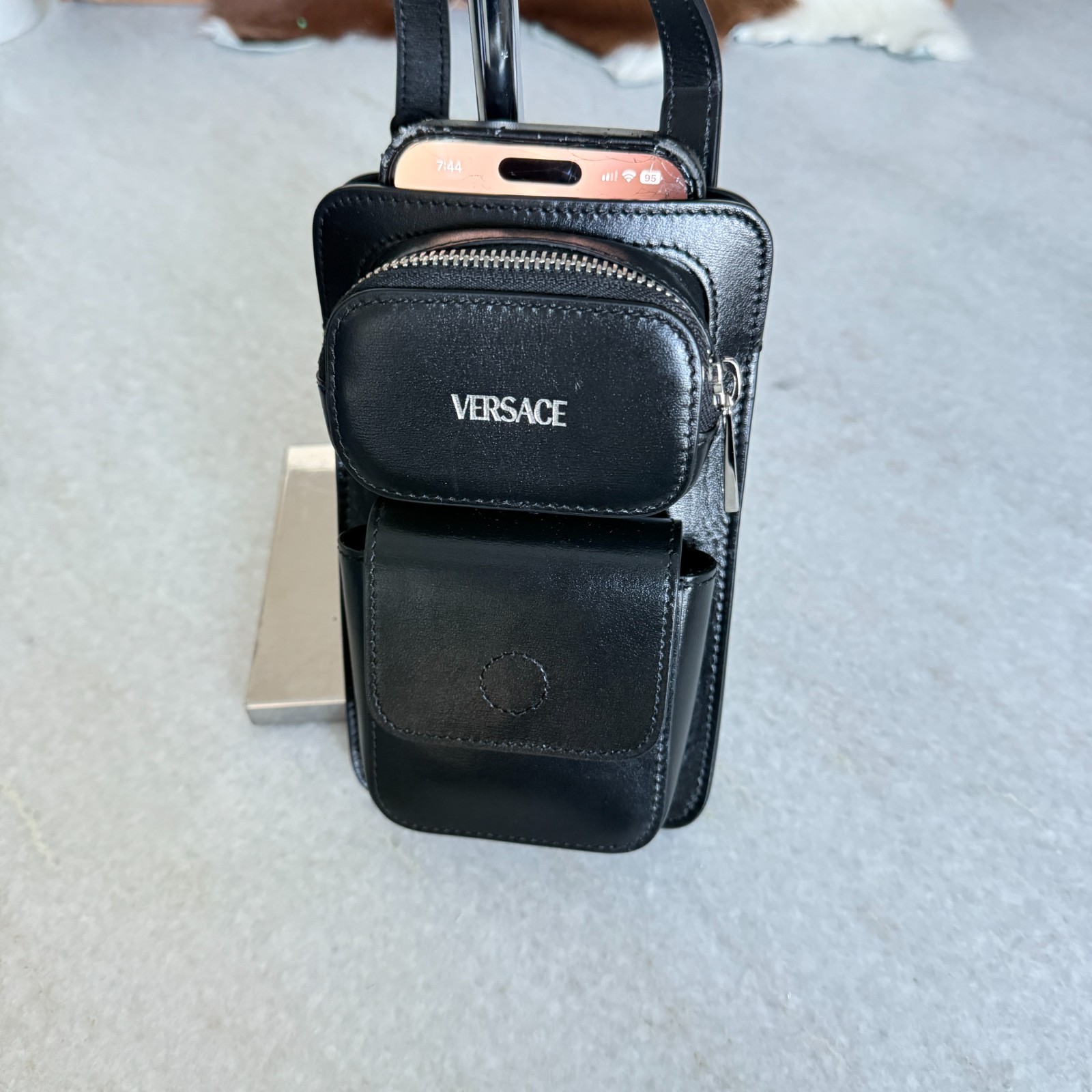 VERSACE 1013558 Phone Pouch Bag Black Calf Leather with lanyard